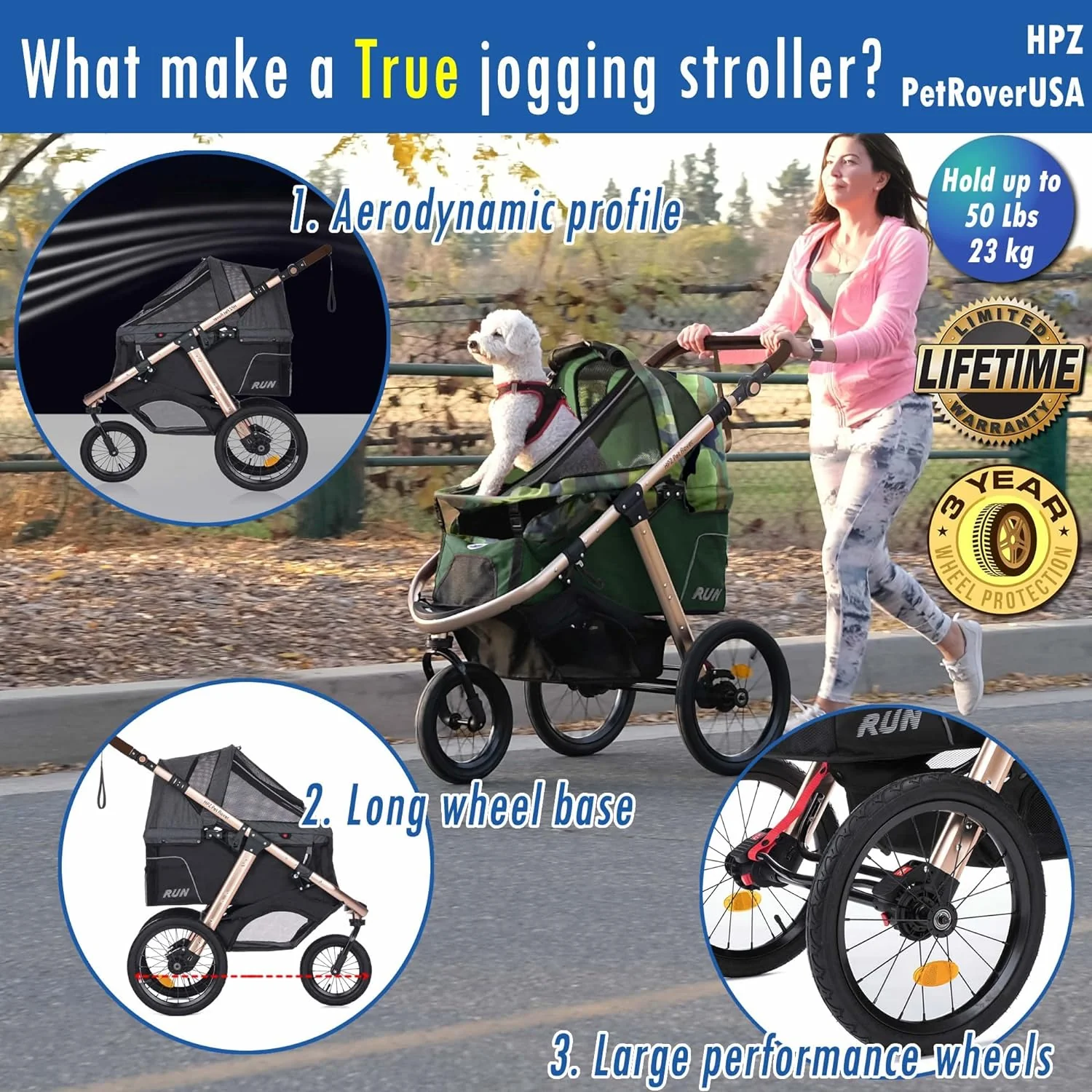 Jogging Sports Stroller with Comfort Rubber Wheels/Zipper-Less Entry/1-Hand Quick Fold/Aluminum Frame for Small/Medium Dogs, Cats and Pets (Green Camo)