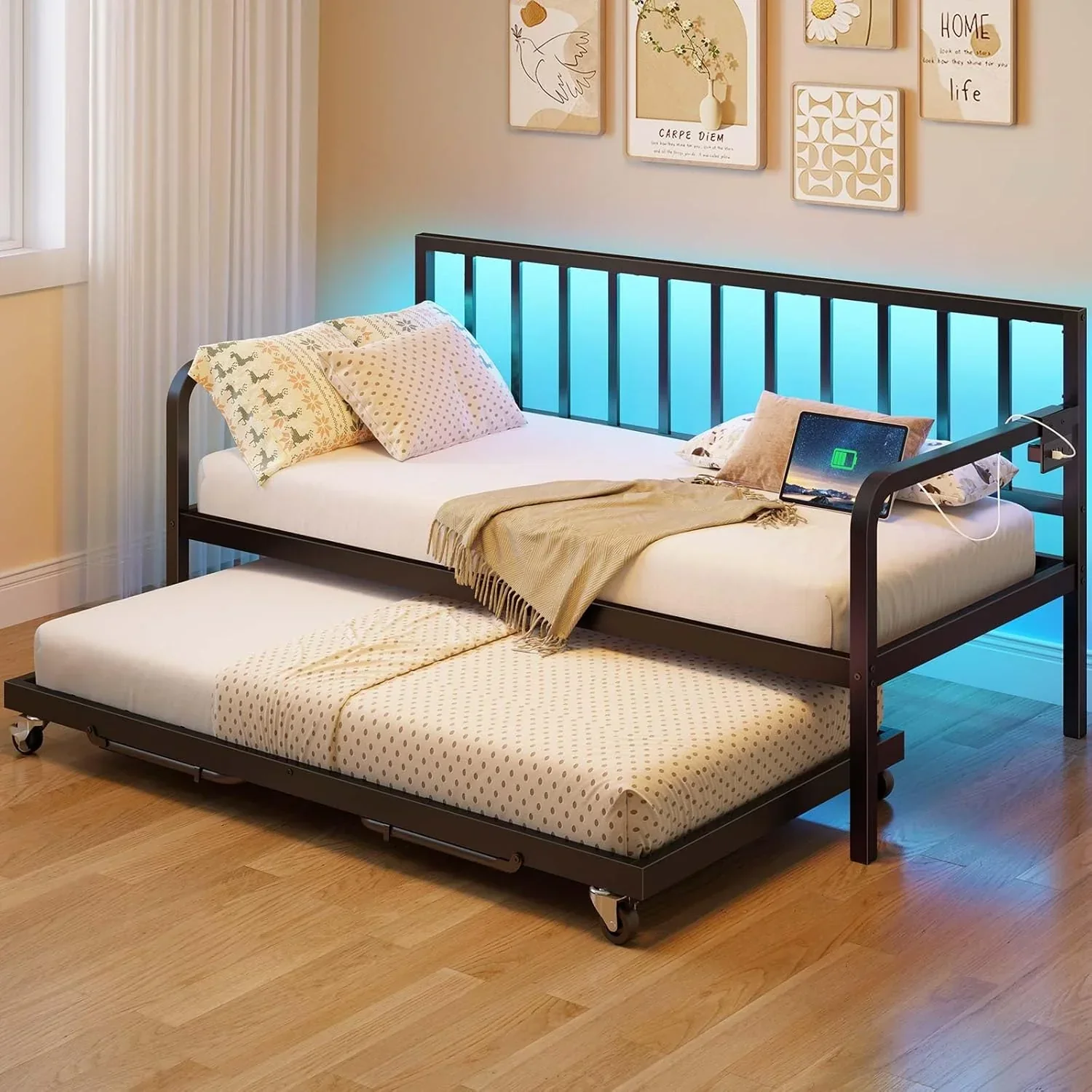 Rolanstar Daybed with Charging Station and LED Lights Height Adjustable Twin Daybed