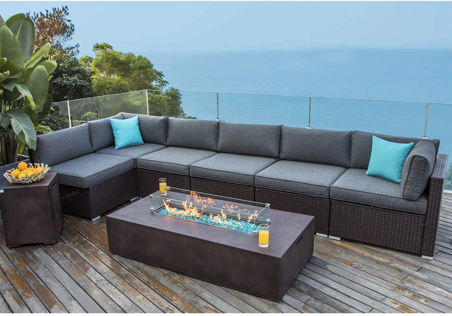 COSIEST 8 Piece Outdoor Wicker Sectional Sofa w Fire Pit Table,Chocolate Brown Patio Furniture Set w 56 x 28 inches Rectangle Bronze Fire Table (50,000 BTU) and Tank Outside(20lb) for Garden