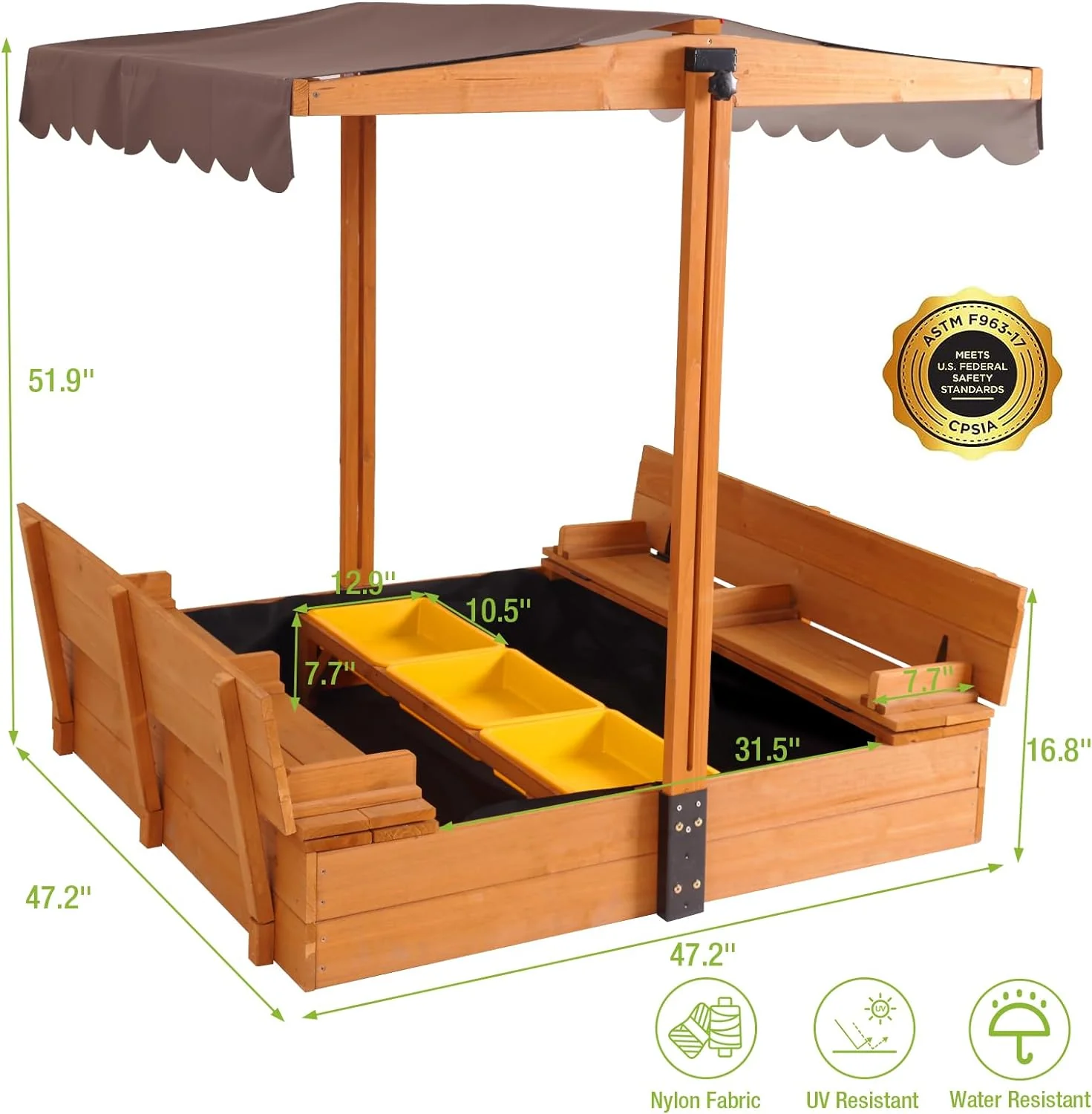 Kids Wooden Outdoor Sandbox w/Canopy, 2 Foldable Bench Seats, Retractable Roof Sand Protection Liner 47x47-Inch