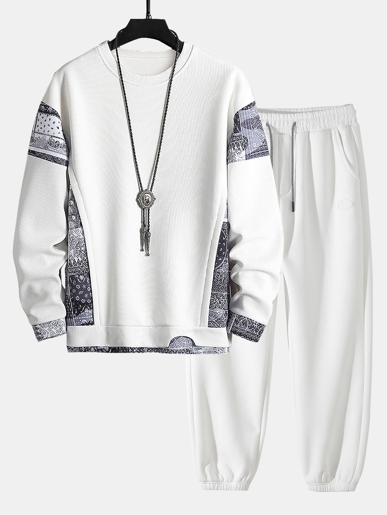 Paisley Print Panel Waffle Sweatshirt & Waffle Jogger Pants