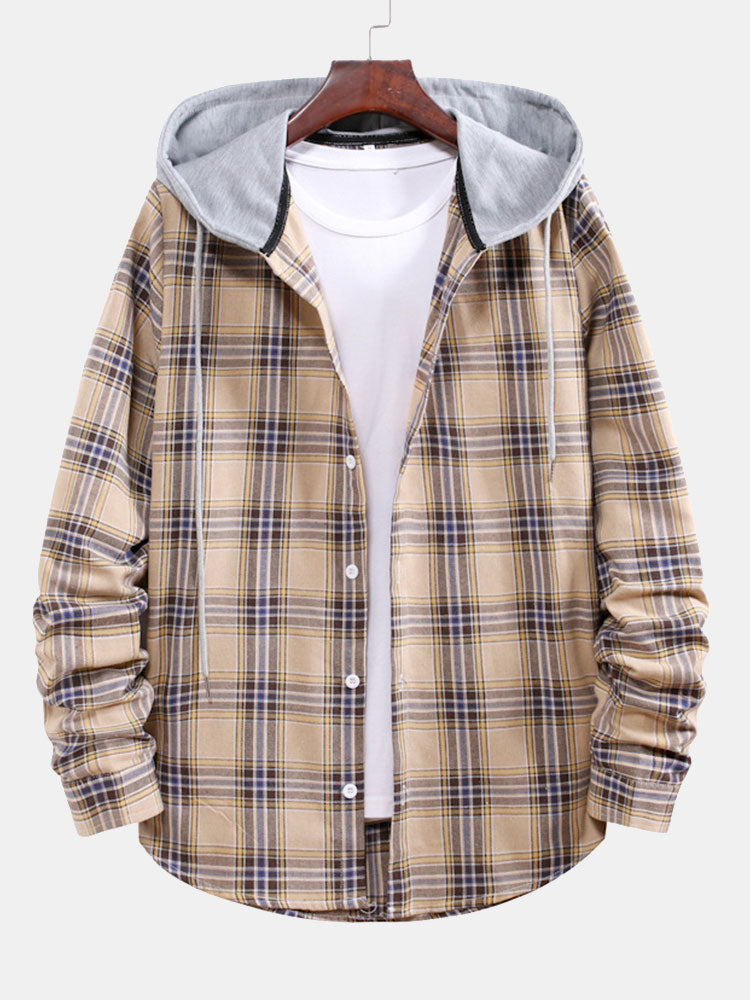 Plaid Drawstring Hooded Shirt