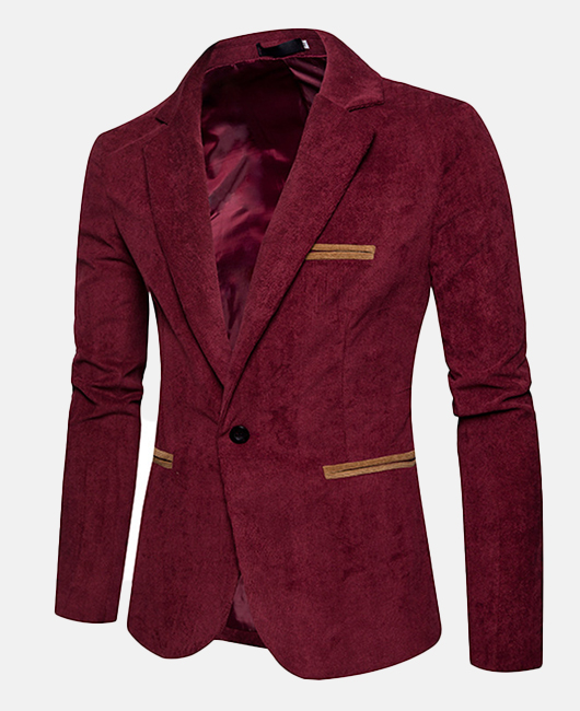 Contrast Color Pockets Notch Lapel Slim Fit Corduroy Blazer